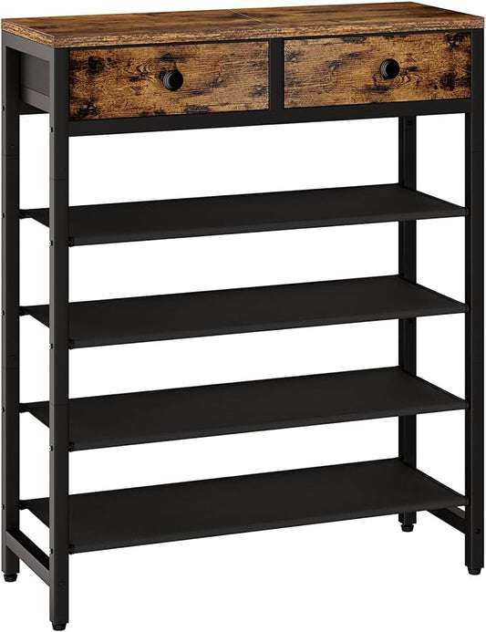 IBUYKE 5 Tier Shoe Rack, Metal Shoe Storage Organizer with 2 Drawers, Shoe Storage Rack for 12-16 Pairs of Shoes, Modern Shoe Stand with Fabric Shelf for Entryway Closet Bedroom, Rustic Brown TXJ040H-NeatNest