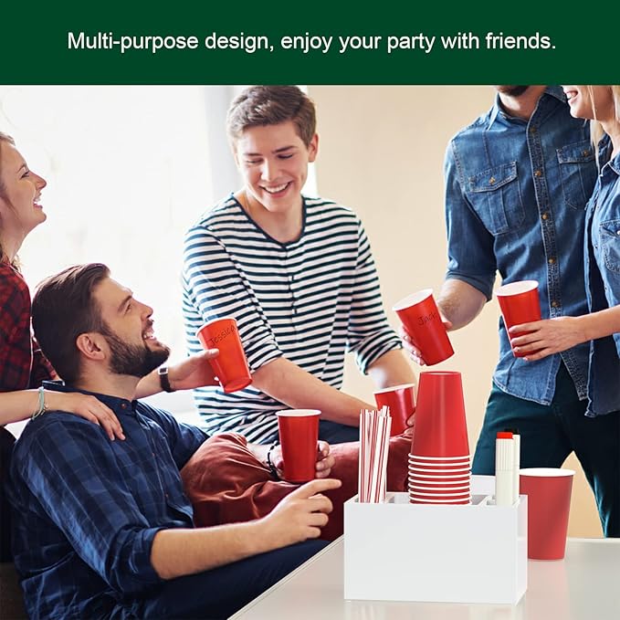 Cup Holder with Marker Slot, Party Cup Dispenser Acrylic Cup Organizer Mark Your Cup and Drink Up Caddy Modern Bar Counter Decor, White-NeatNest