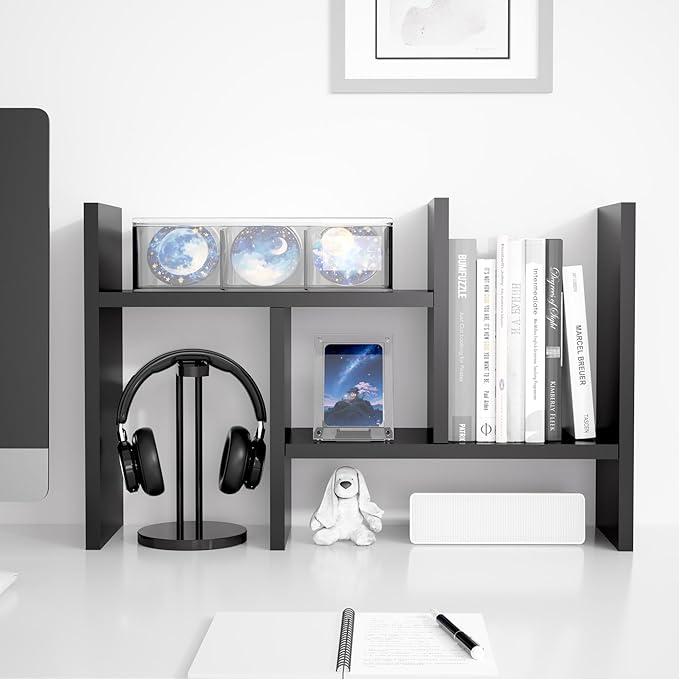 Jerry & Maggie Desktop Organizer Office Storage Rack Adjustable Wood Display Shelf Free Style Double H, Multi-Functional Mini Bookshelf for Desk Natural Stand (Black)-NeatNest