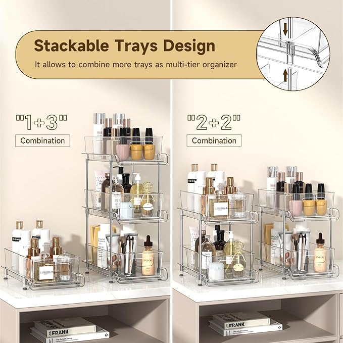HIHEGD 2-Tier Bathroom Organizer with Dividers, Clear Under Sink and Pull-Out Cabinet Organizer for Kitchen and Pantry Storage-NeatNest