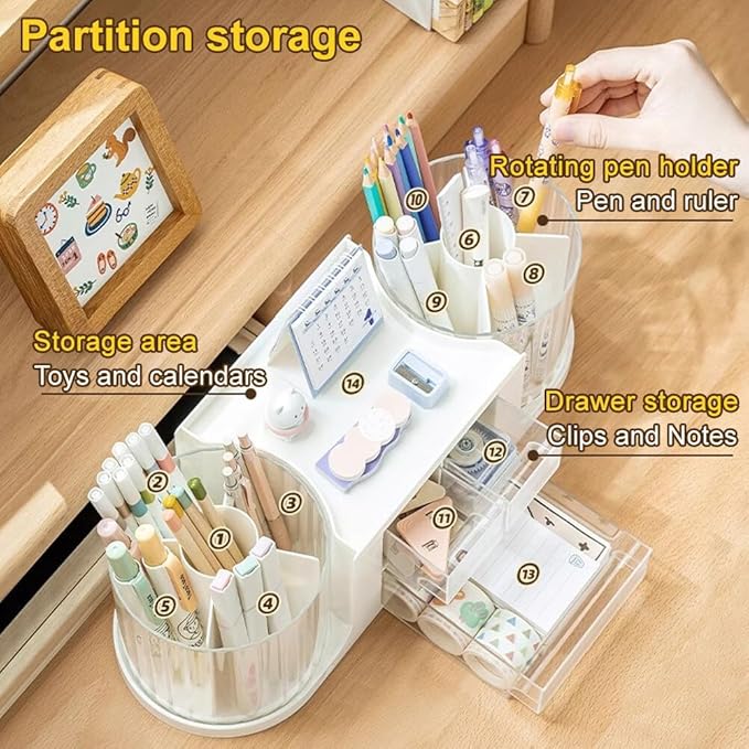 360 Rotating Makeup Brush Holder with 3 Drawers, Makeup Organizer Countertop with 10 Slots Pencil Holder for Countertop + 3 Drawer, Makeup Organizer Countertop for vanity (White (3 Drawer))-NeatNest