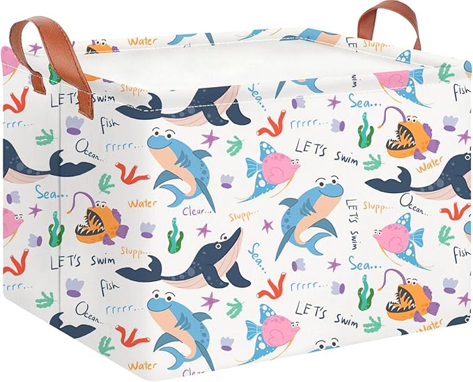CLOCOR Rectangular Storage Basket Empty,Gift Basket for Kids,Waterproof Storage Bin with Handles,Room Decor(Cute Ocean)-NeatNest