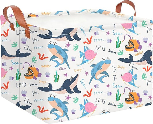 CLOCOR Rectangular Storage Basket Empty,Gift Basket for Kids,Waterproof Storage Bin with Handles,Room Decor(Cute Ocean)-NeatNest