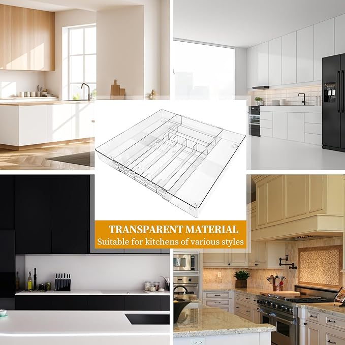 Expandable Silverware Kitchen Drawer Organizer Large Utensil Drawer Organizer Adjustable Cooking Utensil Holder Cutlery Tray for Spoons Forks Knives Bathroom Supplies Storage Plastic Clear-NeatNest