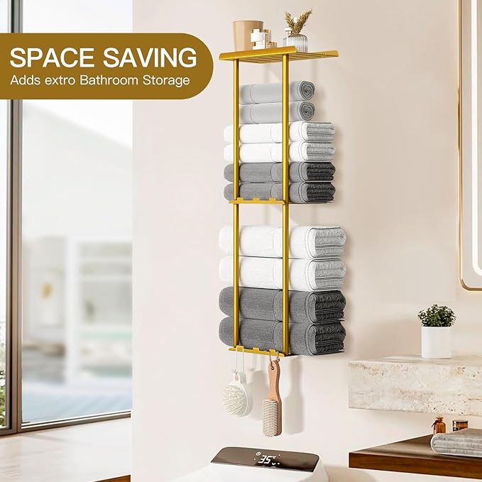 Towel Racks for Bathroom, 3 Tier Metal Towel Holder, with Shelf & 6 Hooks, 29 inch Wall Mounted Towel Storage, 6 Large Bath Towels Capacity,Small Bathroom Towel Rack for Rolled Towels, Gold