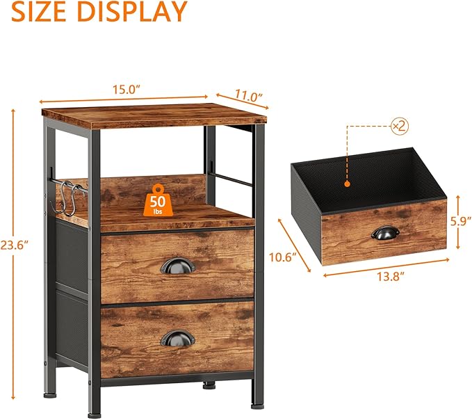 Furologee Nightstand with 2 Fabric Drawers, Night Stand with 2-Tier Shelf, Bedside Table with Hooks,Open Wooden Shelf, End Table for Bedroom, Living Room, Backboard Design, Metal Frame, Rustic Brown