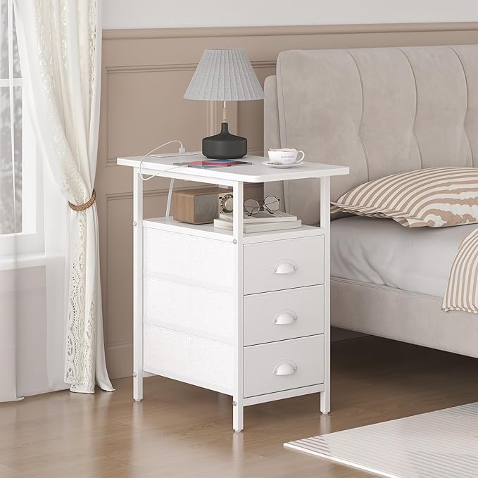 End Table with Charging Station, Side Tables Livingroom with USB Ports and Outlets,Narrow Nightstands Bedside Tables with 3 Drawers PU Finish for Small Space,Slim Sofa Table Bedroom,White