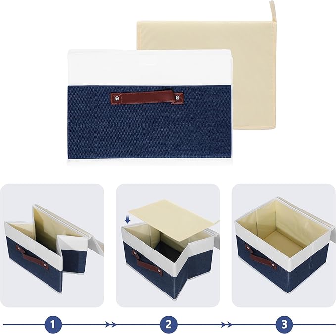 ANMINY Storage Boxes with Lids Washable Decorative Storage Bins Basket with PU Leather Handle Foldable Linen Fabric Storage Cubes Containers for Home Closet Organizer - Deep Blue White, Large Size-NeatNest