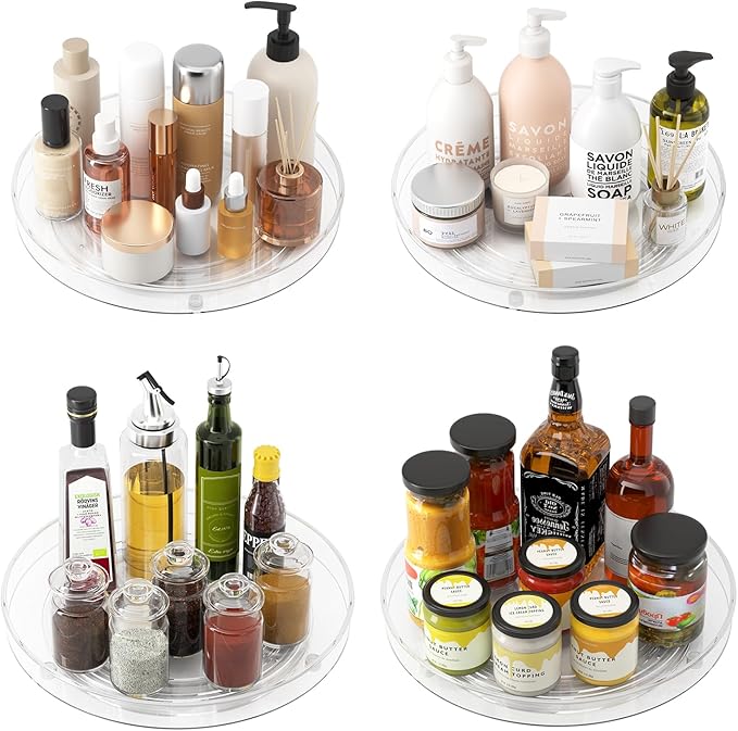 4 Pack Clear Lazy Susan Organizer, 11in Rotating Turntable Organizer, Cabinet Turntable Organizer, Rotating Lazy Susan for Kitchen, Fridge, Bathroom, Vanity Countertop-NeatNest