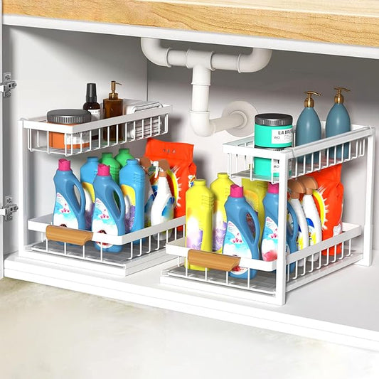 2 Pack Under Sink Organizer,Metal Pull Out Kitchen Cabinet Organizer with Sliding Drawer,Sturdy Multi-functional for Bathroom Organization,White-NeatNest