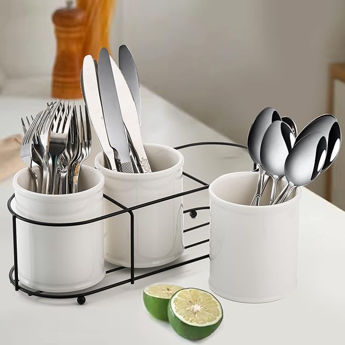 Bekith 3-Piece Ceramic Silverware Caddy with Metal Rack, Utensil Holder Flatware Caddy Cutlery Storage Organizer for Kitchen Table, Cabinet or Pantry-NeatNest