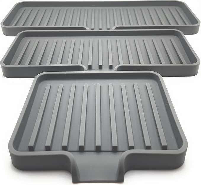 Happitasa Silicone Soap Dish Tray and Sponge Holder with Drain Chute, Pack of 2 | Bathroom and Kitchen Sink Organizer Caddy (Grey, 5.2"x4", 7.2 Ounces)-NeatNest