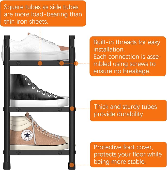 TZAMLI 3-Tier Shoe Rack for Closet, Expandable and Stackable Shoe Organizer Adjustable Metal Shoe Storage Small Shoe Shelf for Entryway Entrance, Black-NeatNest