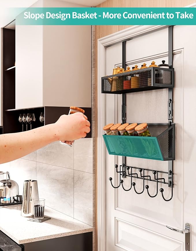 HapiRm Over The Door Hooks with 9 Hooks and 2 Baskets, Rustproof & Waterproof 304 Stainless Steel Door Hanger, Storage Organizer for Bathroom, Kitchen, Bedroom-Black (for 1.57in Doors)