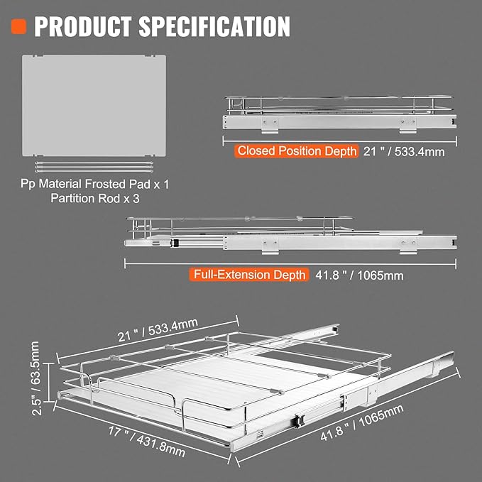 VEVOR 18.5"Wx21"Dx3.5"H Pull Out Cabinet Organizer, Heavy Duty Slide Out Pantry Shelves, Chrome-Plated Steel Roll Out Drawer, Drawer Storage for Home Under Sink, 20"Wx22"Dx7"H Install Size for Cabinet-NeatNest