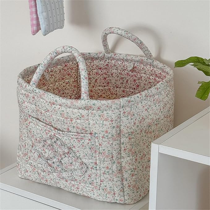 Boho Fabric Storage Basket Quilted Floral Print Baskets Organizer Bin with Handles for Home, Picnic, Shopping (Green, L)-NeatNest