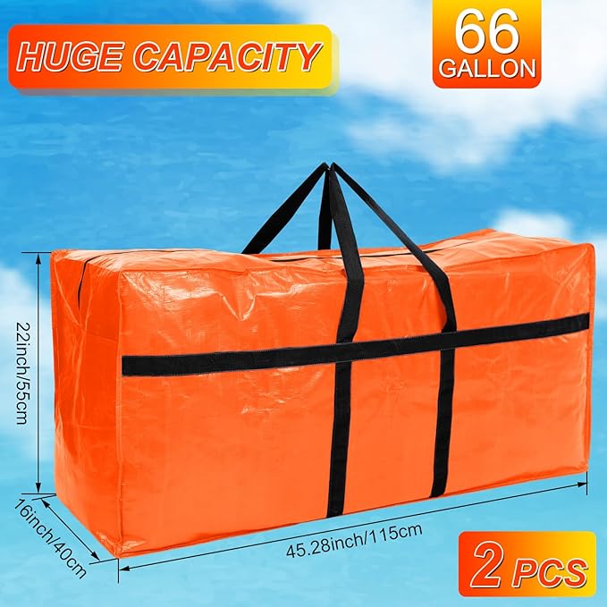 2 Pcs 66 Gallon Extra Large Moving Bags Storage Bags with Zipper and Handles Heavy Duty Duffle Bag Foldable Tote Bag for College Dorm Travel Clothes Blankets Bedding Moving(Orange)