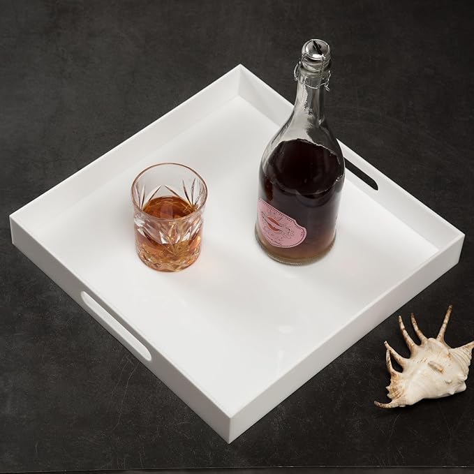 Glossy White Sturdy Acrylic Serving Tray with Handles-14x14Inch-Serving Coffee,Appetizer,Breakfast,Butler-Kitchen Countertop Tray-Makeup Drawer Organizer-Vanity Table-Ottoman Tray-NeatNest