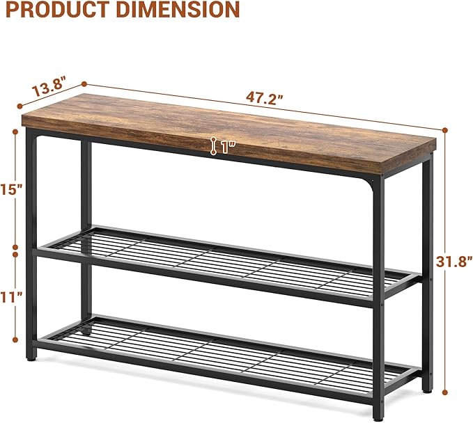 47" Console Table, 3-Tier Entryway Table, Sofa Table with Mesh Shelves, Console Tables for Living Room, Bedroom, Hallway, Entryway, Foyer, Rustic Brown-NeatNest