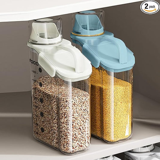 2 PCS Airtight Storage Containers, 2.8L/95fl.oz Cereal Rice Holder, Dog Cat Food Dispenser with Measuring Cup, BPA Free Clear Plastic Kitchen Pantry Organization Bin, 1 Blue+1 White-NeatNest