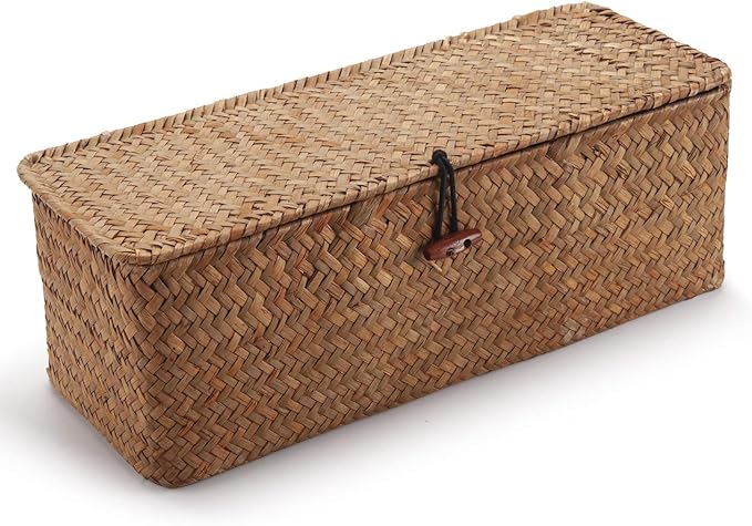 DOKOT Seagrass Woven Storage Basket with Lid, Rectangular Narrow Tampon Toilet Tank Organizer