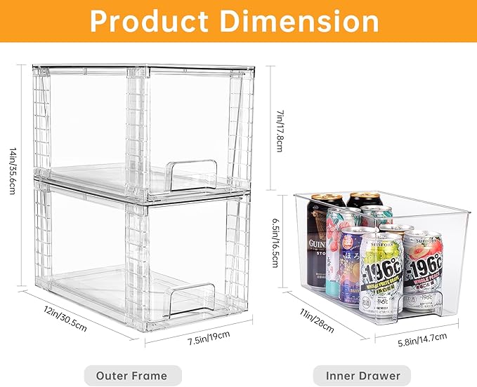 4 Pack Large Stackable Storage Drawers,Clear Acrylic Drawer Organizers with Handles, Easily Assemble for Kitchen Undersink,Bathroom,Cabinet,Makeup,Closet,Pantry,Organization and Storage-NeatNest