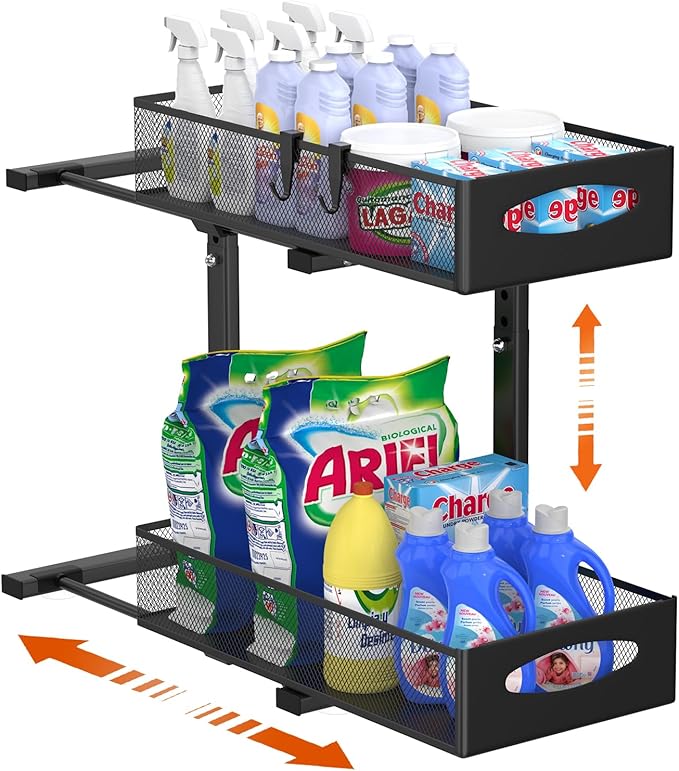 1 Pack Under Sink Organizer, 2 Tier Metal Pull Out Under Sink Storage with Sliding Mesh Drawers, Height Adjustable Slide Out Under Sink Organizer for Kitchen Bathroom Cabinet, Black-NeatNest