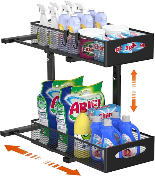1 Pack Under Sink Organizer, 2 Tier Metal Pull Out Under Sink Storage with Sliding Mesh Drawers, Height Adjustable Slide Out Under Sink Organizer for Kitchen Bathroom Cabinet, Black-NeatNest