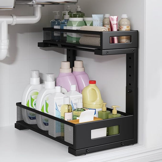 1 Pack-11.4"-16.14"H Under Sink Storage Organizer, Large 2-Tier Elegant Mesh Pull Out Shelf for Kitchen and Bathroom Cabinet Organization, L-Shaped and Adjustable Height Design for Maximum Space-Black-NeatNest