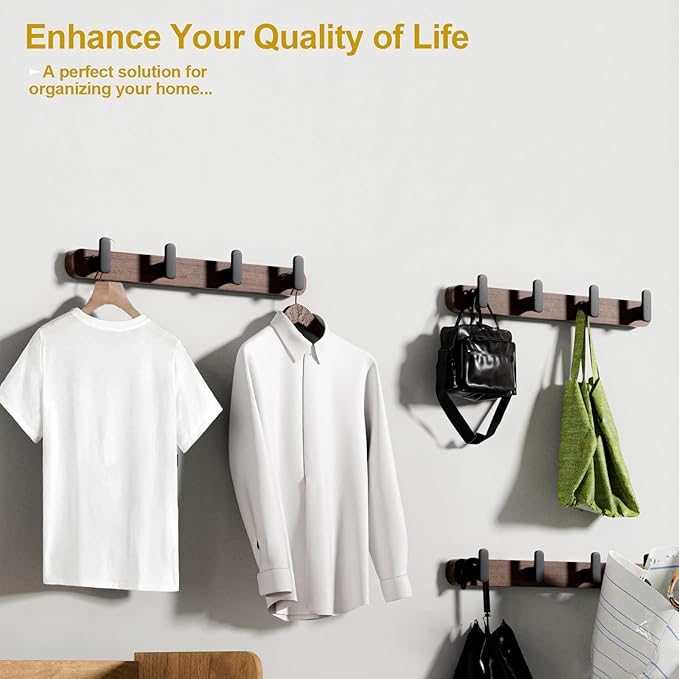 Coat Rack Wall Mount，Solid Walnut Wall Mounted Coat Rack with 4 Heavy Duty Wall Hooks for Hanging Coats，Backpacks，Towels，etc. Coat Hooks Wall Mount for Entryway, Bathroom,etc, Walnut+Black-NeatNest