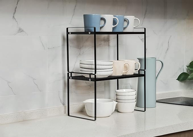 2Pack Kitchen Cabinet Shelf Counter Organizer Rack Pantry Storage Bathroom Bedroom Office Table Desk Space Saving Stackable Rust Resistant Non Slip Black Tall Wide L16.1in W10.6in H9.5in-NeatNest