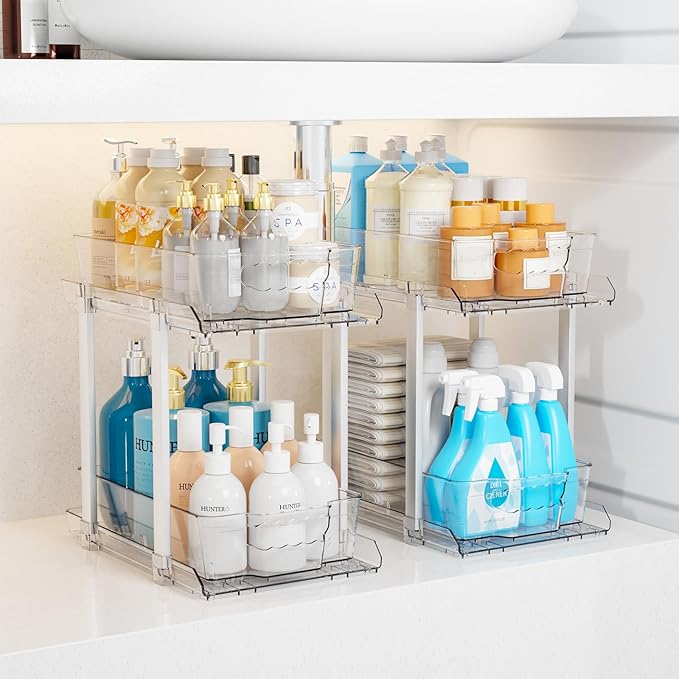 Yieach 2 Pack 2 Tier Bathroom Under Sink Organizer With Track,12.8 Inch Tall Under Cabinet Organizer,Clear Undersink Pull Out organizer for Kitchen,Vanity,Counter,Vanity,Medicine,Makeup,Hair Products-NeatNest