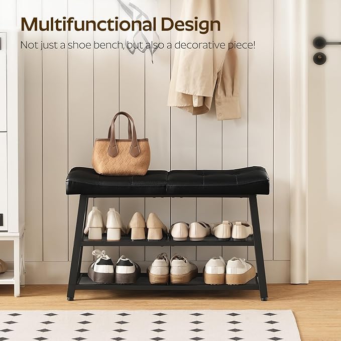 Shoe Bench, 3-Tier Shoe Rack, Entryway Bench with Storage and Cushion, for Hallway, Foyer, Bedroom, Black HX02BB