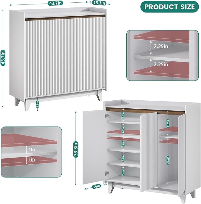 Wave Shoe Shortage Cabinet with 3 Doors 2PC, 6-Tier Freestanding Shoe Storage Cabinet with Adjustable Shelves, White &Walnut Fluted Door Shoe Organizer, 43.7’’ H Tall Shoe Rack for Entryway, Hallway.-NeatNest