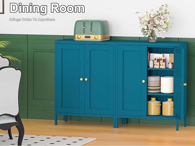 Coffee Bar Cabinet, Metal Sideboard Buffet Cabinet,Metal Storage Cabinet with 2 Doors and Adjustable Shelves for Kitchen Dining Room Living Room, Entryway, Bathroom,Office (Blue, 31.5" H)-NeatNest