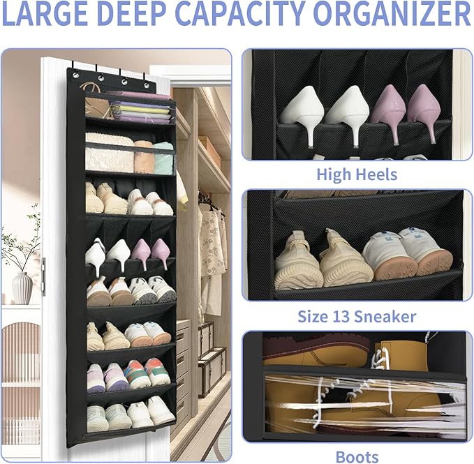 FENTEC 1 Pack 8 Shelves Over The Door Shoe Organizer, 68" Exlarge Deep Pockets Hanging Shoe Organizer, Shoe Rack for Closet, Shoe Holder for Boots,Over Door Organizer in Home, RV, Dorm, Black-NeatNest