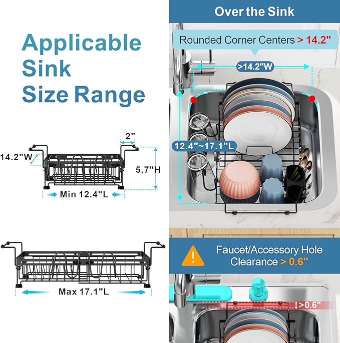 iSPECLE in Sink Dish Drying Rack - Capacity Expandable Dish Rack with 2 Cup Holder, Dish Drainer for Kitchen Sink Counter with Utensil Holder Large Capacity, Black