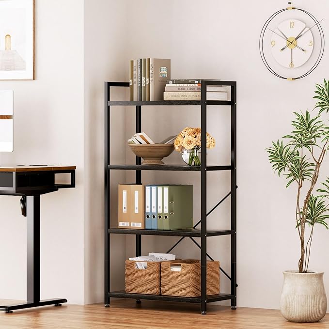 Casaottima Book Shelf, 4 Tier Bookshelf, Modern Wood Bookcase Shelves for Bedroom, Industrial Display Shelf for Living Room Home Office Kitchen, Standing Shelving Unit Storage Organizer, Black-NeatNest