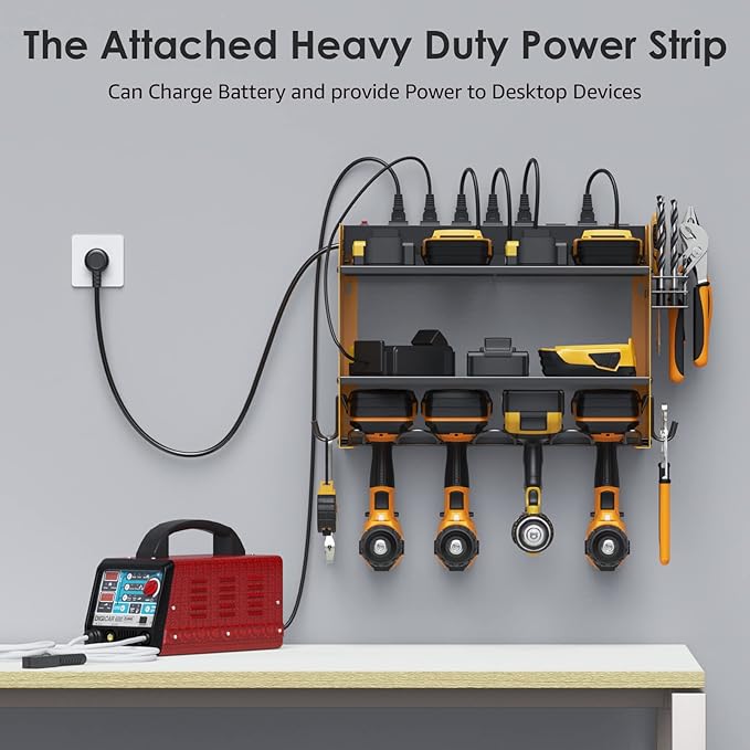 CCCEI Modular Power Tool Organizer Wall Mount with Charging Station. Garage 4 Drill Storage Shelf with Hooks, Screwdriver, Drill Bit Heavy Duty Rack, Tool Battery Holder Built in 8 Outlet Power Strip.-NeatNest