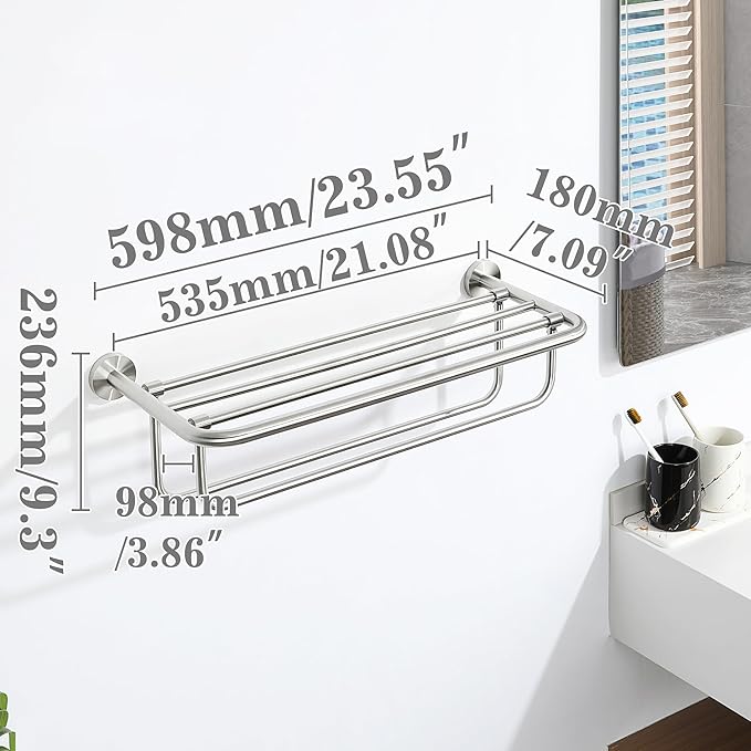 Alise Towel Rack for Bathroom,24 Inch Brushed Towel Holder for Lavatory,Towel Hanger with Double Towel Bars for Bath Wall,Wall Mount SUS304 Stainless Steel Towel Drying Storage Shelf,GYSJ9260-LS