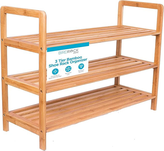 BirdRock Home Bamboo Shoe Rack Organizer for Entryway, Closet, or Front Door - Stackable Wooden Storage Shelf for Small Spaces, Indoor or Outdoor, Decorative Brown Madera - Elegant, Simple - 3 Tier-NeatNest