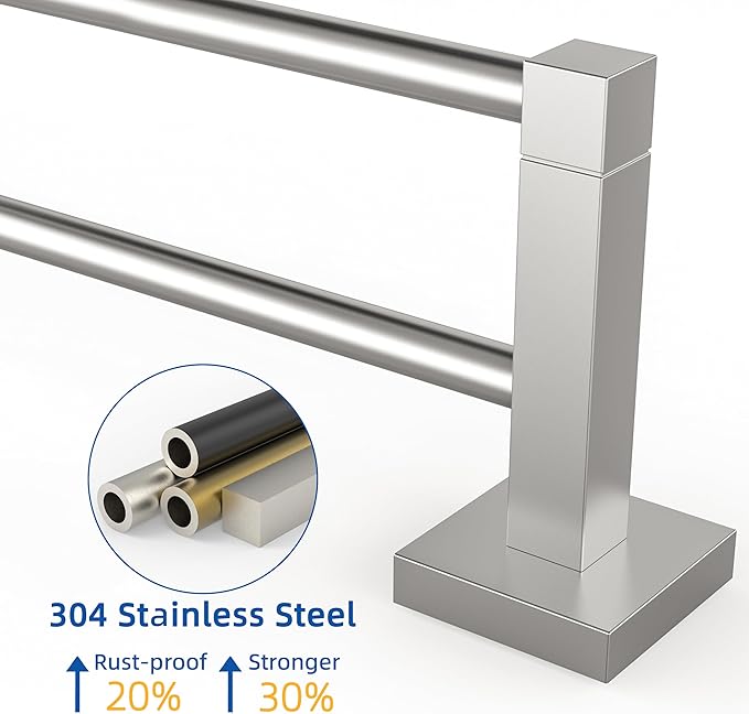 RUACQ Double Towel Bar, 24 Inch Bath Towel Rack for Bathroom, Square Base Hand Towel Holder, 304 Stainless Steel Towel Hanger Wall Mounted,Heavy Duty(Brushed Nickel)