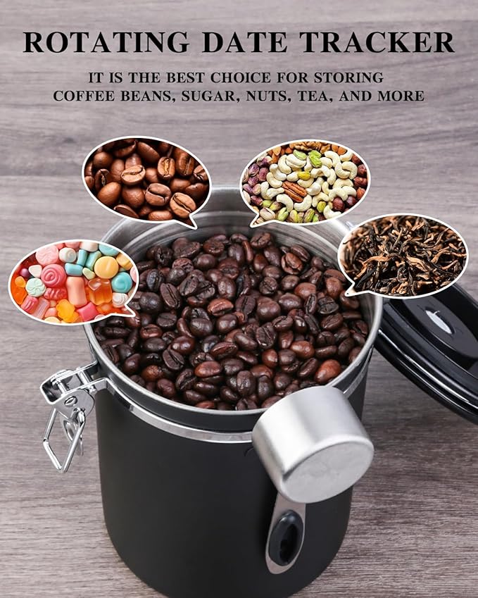 Coffee Canister Airtight Coffee Storage Container Stainless Steel Air Tight Coffee Jar with Scoop, Date Tracker and CO2 Release Valve for Beans, Ground, Tea, Flour, Cereal and Sugar (2pcs-Black-1.8L)-NeatNest