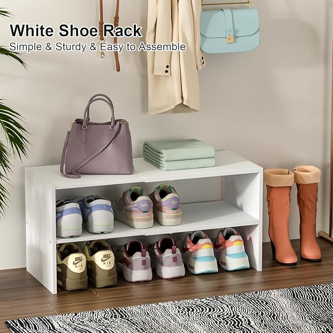 2 Pack White Shoe Rack for Closet, 2-Tier Expandable Small Shoe Shelf, Stackable Iron Wood Combination Shoe Organizer Racks Shelves for Closets, Entryway, Hallway, Garage, Holds 15-24 Pairs-NeatNest