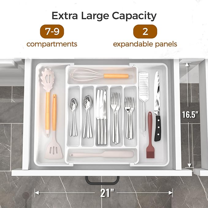 Extra Large Expandable Silverware Organizer, BPA-Free Food-Safe Cutlery Flatware Organizer, Kitchen Utensil Drawer Organizer, Adjustable Silverware Holder for Spoons Forks Knives, White-NeatNest