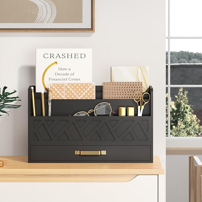 Bamboo Mail Organizer Countertop Wood Desk Organizer Drawer Tabletop Storage Box Letter Sorter Makeup Organizer for School Home Office Supplies Black-NeatNest