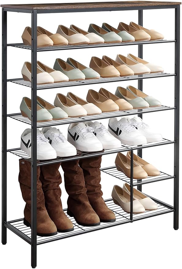 6 Tier Shoe Rack Organizer, Metal Mesh Shoe Storage Shelf, Storage Boots .for Entryway, Closet,Hallway, Bedroom,Cloakroom,Garage, Industrial,Rustic Brown-NeatNest