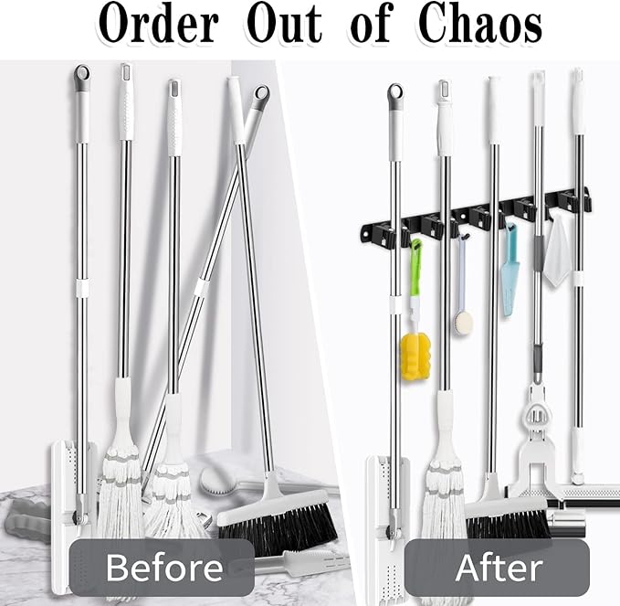 AceMining 2 Pack Black 5 Racks and 4 Hooks Mop and Broom Holder Wall Mount, Broom Organizer Storage Tool Racks Stainless Steel Heavy Duty Hooks Self Adhesive Solid Non-slip for Home Kitchen Garden-NeatNest