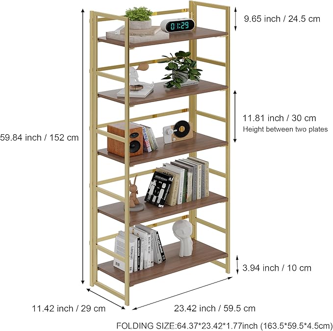 BHG Vintage Multifunctional Folding Bookshelf,5 Tier No-Assembly Plant Stand Storage Rack Shelves for Home Office (Brown&Gold, 5-Tier)-NeatNest