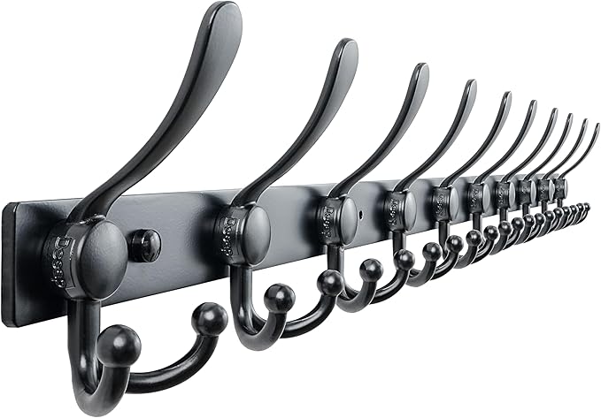 Dseap MaxStrong 2.0 Coat Rack Wall - 37” Long 10 Tri Hooks - Ultra Heavy-Duty Stainless Steel Wall Mount Coat Hanger, Hook Rail for Clothes Hats Jacket Towels Black